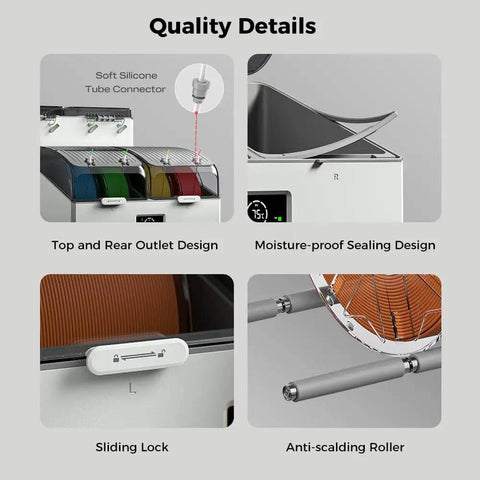 Close-up of Dual Independent Heating Chambers Filament Dryer Box details, showing outlet design, sealing, lock, and roller