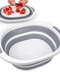 Collapsible Wash Basin 7.5L Dish Tub Sink Basin Folding Dish Pan With 2-In-1 Dish Pan And Cutting Board, white and gray, folded state