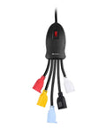 5 Outlet Power Cord Splitter With 10 Foot Heavy Duty Extension And Color Coded Receptacles shown with red, yellow, black ends