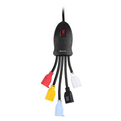 5 Outlet Power Cord Splitter With 10 Foot Heavy Duty Extension And Color Coded Receptacles shown with red, yellow, black ends