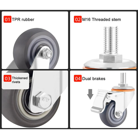 Heavy Duty Swivel Caster Wheels With M Threaded Stem And Top Plate, Double Locking 360 Degree Caster Set features and components