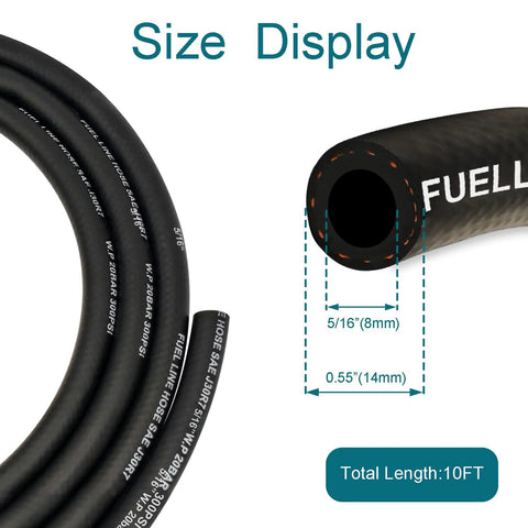 Rugged Five Sixteenth Inch ID Fuel Hose Ten Foot NBR with 10 Clamps size display and measurements