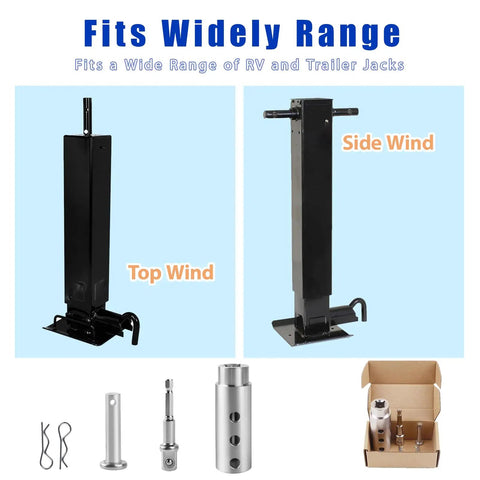 Heavy Duty Trailer Jack Drill Adapter With One Inch Shaft And Half Inch Socket For Standard Drills locks to top and side wind jacks.