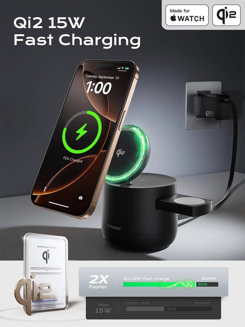 Top Shelf Qi2 Magnetic Wireless Charging Hub featuring Rock Solid 15W Fast Juice Transfer with iPhone charging at 75%.