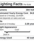 Lighting facts for Incandescent A15 Appliance Light Bulbs 40W Dimmable 320 Lumens Frost Finish E26 Base 2600K Warm White Mercury Free