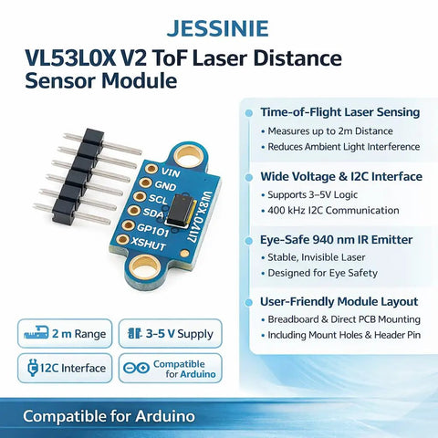 No Fuss VL53L0X V2 TOF Laser Distance Sensor Module with I2C hookup and pin header, compact design for Arduino projects.