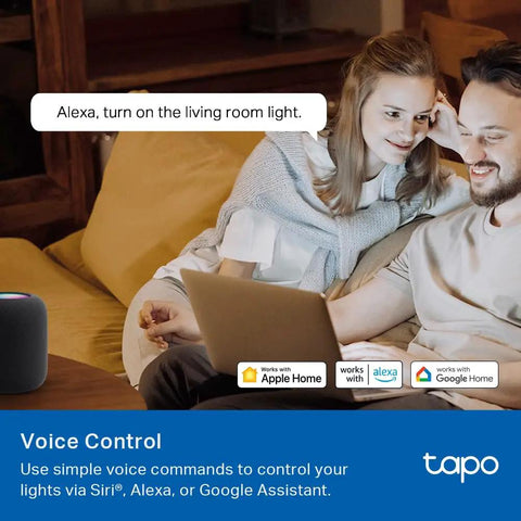 Couple using Smart Light Switch With Matter Compatibility with voice command via Alexa on a digital assistant device.