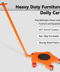 Heavy Duty Industrial Machinery Skate Dolly Features 360 Degree Slew Rotation Pu Anti Skid Rollers For Heavy Object Transfers Without The Hustle and Smooth Sailing On Any Shop Floor, orange dolly cart with 360° swivel casters.