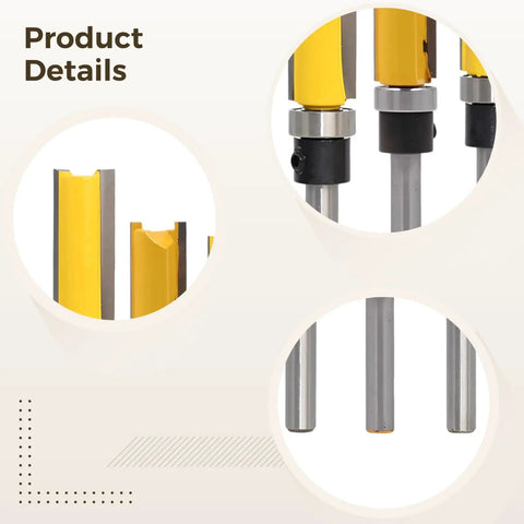 Top Tier 4 Pc Flush Trim Router Bit Set With 1/4 Inch Shank And Bearing Carbide Blades for detailed woodworking projects.