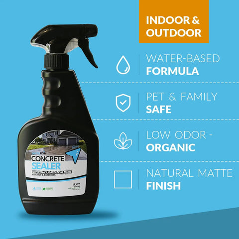 Hella Tough Water Based Concrete Sealer Spray For Patios And Masonry Quick Dry Stain Resistant Outdoor Coating 17 oz with spray nozzle.