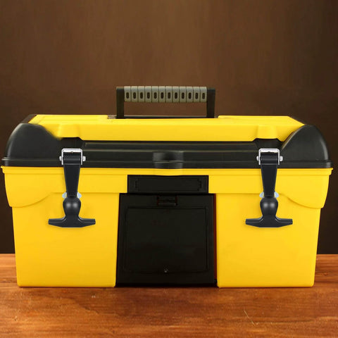 Yellow toolbox with 2 Pieces Elastic Rubber Hood Latches With Stainless Steel Brackets, showcasing secure closure on dark background.