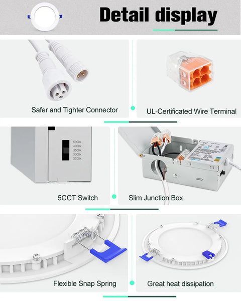 Detail display of Sixteen Pack 6 Inch Ultra Thin Canless LED Recessed Lights With Junction Box, including connectors and junction box.