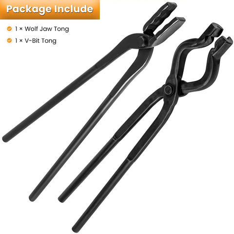 Wolf Jaw V-Bit Tongs Set For Knife Making And Bladesmithing, Starter Forge Tool Kit With 2 Tongs, Package Includes Details