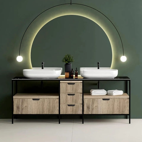 Modern bathroom vanity with dual sinks and under-cabinet storage, featuring minimalist lighting and sleek design.