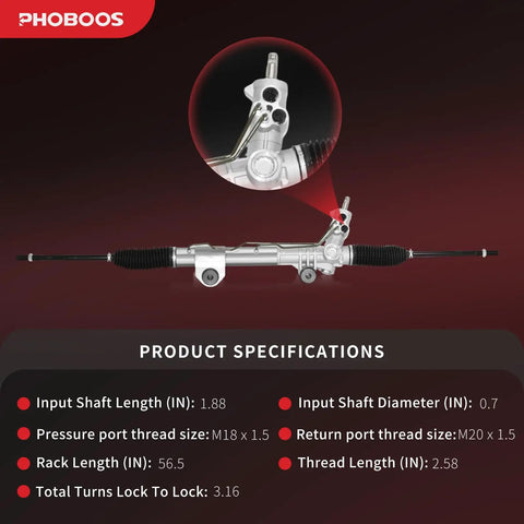 Hydraulic Power Steering Rack And Pinion Assembly For Dodge Ram 1500 2006-2010 And 2011-2012 Direct Fit New Unit Leak Resistant Ref 22-382 Left Hand Drive Only, close-up on specifications.