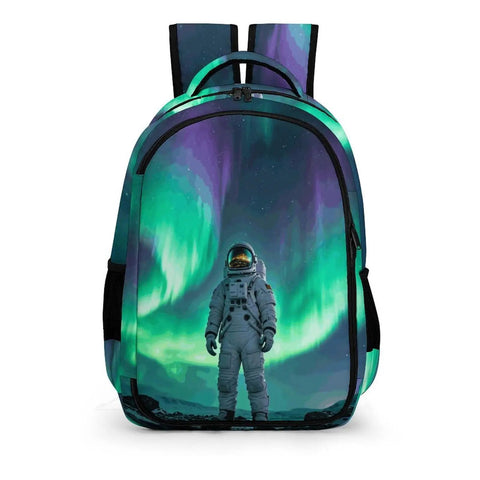 Dope Aurora Astronaut Print Unisex Backpack with large capacity featuring an astronaut design on lightweight polyester.