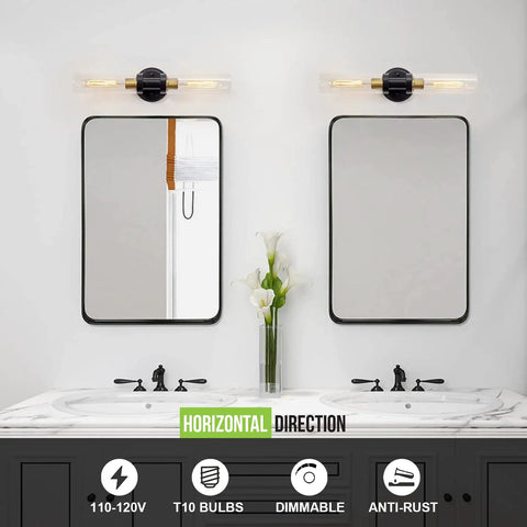Industrial Modern Bathroom Wall Sconces With Clear Glass Tubes, 2 Light Vanity Lighting For Mirror, Black Brushed Brass Finish