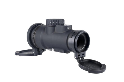 MRO SD Patrol 1x25 Red Dot Sight with Adjustable LED 2 MOA Red Dot for Faster Target Acquisition, side view, lens cap open
