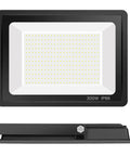 Mega Bright 300W LED Flood Light 36000 Lumens 1600W Equivalent IP66 Waterproof with plug, front and side view.