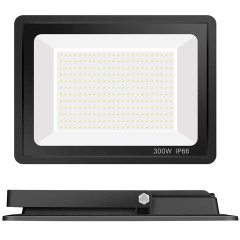 Mega Bright 300W LED Flood Light 36000 Lumens 1600W Equivalent IP66 Waterproof with plug, front and side view.