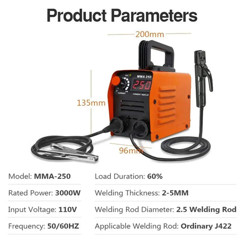 250A Arc Welder Inverter 110V 220V Portable MMA MIG Welding Machine with dimensions and specs displayed