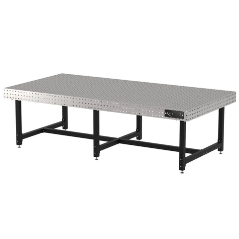 Badass Heavy Duty Welding Fixture Table With Laser Etched Two Inch Grid And Sixteen Millimeter Clamp Holes Precision Leveling Feet Ten By Five Foot Steel Workbench Made In Usa side view of steel workbench with black legs
