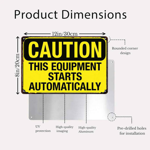 Warning Sign This Gear Starts Automatically Vintage Aluminum 8x12 Inch with dimensions for factory workshop garage use
