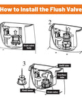 Diagram showing installation of All In One 3 Inch Flush Valve Repair Kit For Most One Piece Toilets, includes drain and fill components.