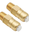 Two brass 1/4-inch NPT thermal relief valves for pressure washer pumps with white plastic tips