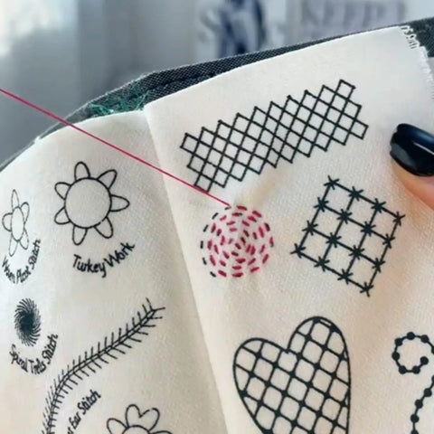 Close-up of Upgraded 2026 Embroidery Stitch Book Kit With 86 Piece Starter Set showing stitch patterns on fabric.