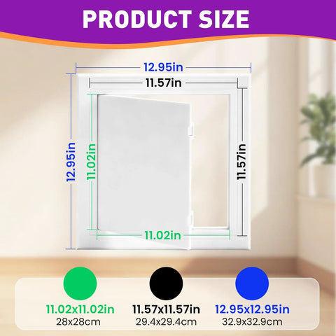 Sleek 12X12 Abs Access Panel For Drywall And Ceiling Plumbing Repair Cover dimensions measuring 12.95in x 12.95in, white finish.