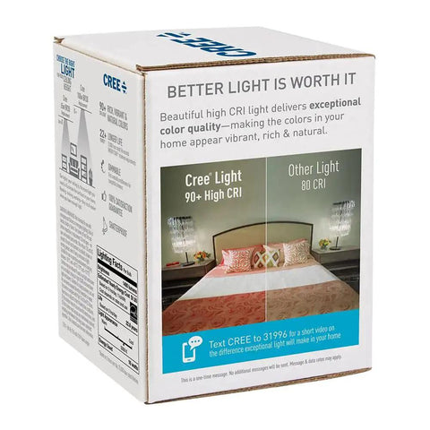 BR30 Indoor Flood LED Bulb 100W Equivalent box showing color comparison with 90 Plus CRI feature.