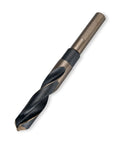 Close-up of bronze 1/2-inch reduced-shank drill bit with spiral flutes and black collar.
