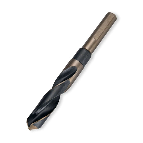 Close-up of bronze 1/2-inch reduced-shank drill bit with spiral flutes and black collar.