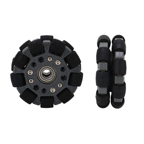 Robot omniwheel tire, 100 mm, black rubber rollers around a gray hub with bearing for drive systems