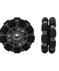 Uxsiya 100mm omni-directional robot wheel with center bearing; black/gray wheel with rubber pads, two components