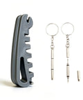 Grey Eyeglass Frame Adjustment Kit With 3 In 1 Screwdriver Tool for DIY Glasses Repair, including curvature bender and keychain bits.
