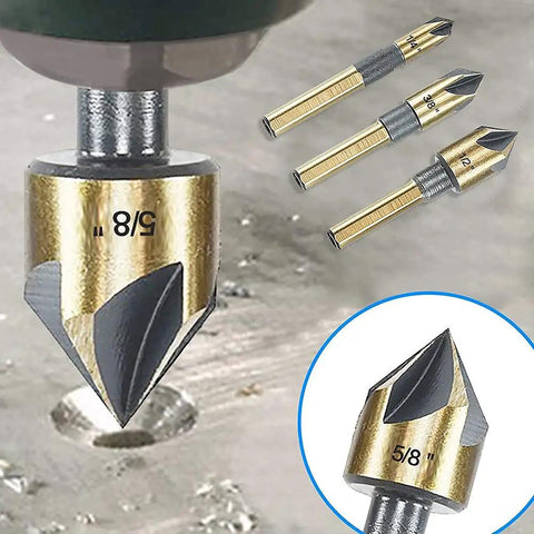 Pro Grade 5 Piece Countersink Drill Bit Set Featuring Quarter Inch Tri Flat Quick Change Shank And 82 Degree Cutting Angle showing 5/8" bit in use.