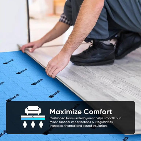 Heavy Duty Underlayment Roll With Built Moisture Barrier For Laminate And Hardwood Floors Delivers Rock Solid Sound Dampening Padding being installed on a subfloor.