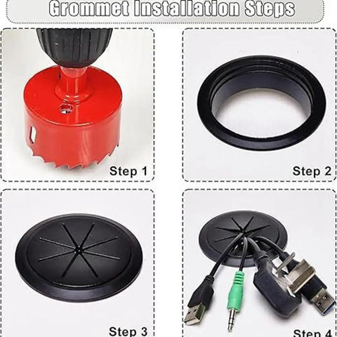 Super Cool Wall Mounted TV Cord Hider With 60mm Grommet Kit And Drill For A Clean Look And Safe Cable Management Using Tough Abs Materials. step-by-step installation of black 60mm ABS cable grommet with drill hole saw