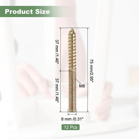 M8 Hanger Bolts Set For Wood, 3 Inch Length, Double Ended Self Tapping Bolts, 8mm Screw, 12 Pack, Galvanized Carbon Steel, Rust Resistant