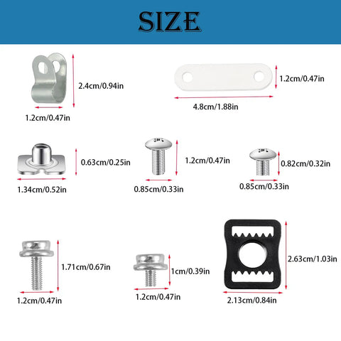 36 Piece Hockey Helmet Repair Kit Includes 6 R Shape Visor Clips 6 Rubber Gaskets 20 Screws With Nuts 4 Chin Strap Adapters And A Screwdriver; component sizes displayed.
