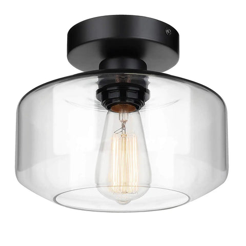 Industrial Semi Flush Mount Ceiling Light With Clear Glass Pendant Shade Farmhouse Vibe For Hallways And Living Areas Vintage Yet Modern Hanging Fixture With Black Matte Finish
