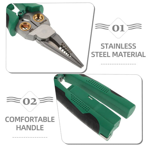 Rock Solid Multi Function Wire Strippers With Voltage Tester And Cutters showing stainless steel jaws and comfortable non-slip handles.
