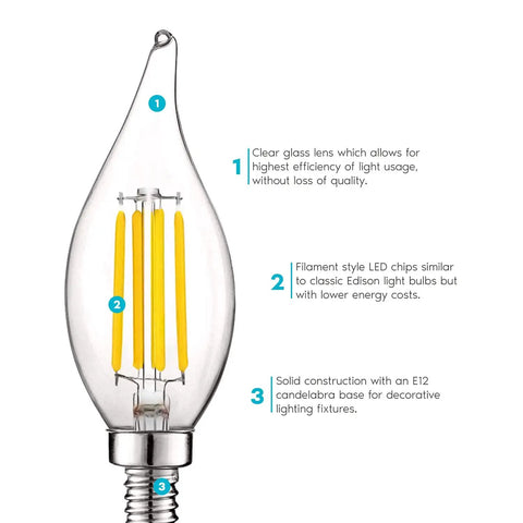 Vintage Candelabra LED Bulb 60W Equivalent 550 Lumens 3000K Soft White Dimmable Filament Candle Bulbs With Flame Tip Clear Glass E12 Base