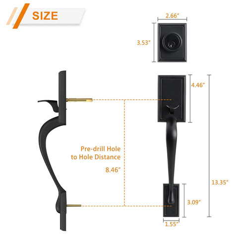 Diagram showing measurements for Matte Black Front Door Handle Set For Double Doors With Dummy And Lever Built To Last Tough As Nails Lock Set Single Cylinder Deadbolt Reversible For Right Or Left Handed Doors.
