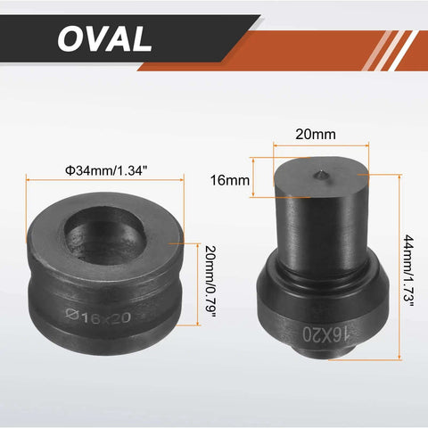 Hydraulic Hole Punch Die Set 16X20mm Oval For CH60 Electric Punching Machine, black 40Cr steel, 44mm upper, 20mm lower die shown