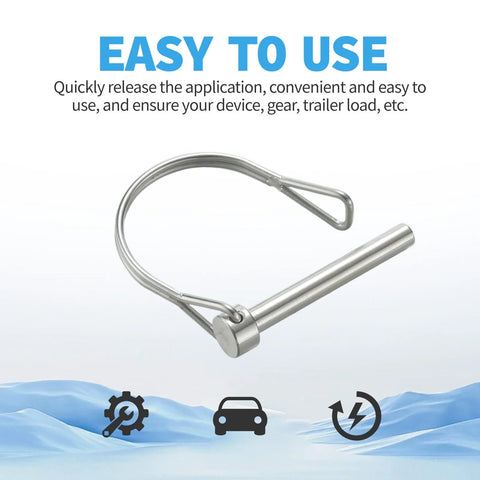 Side view of two marine-grade 316 stainless steel shaft locking pins with round arch wire; 1/4 in dia, 50 mm long