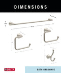 Dimensions of Arvo 4 Piece Bathroom Hardware Set With 18 Inch Towel Bar And 6 Inch Extender Open Square Toilet Paper Holder Round Towel Ring And Double Towel Hook Brushed Nickel Finish shown.