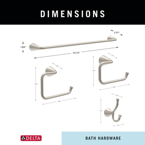 Dimensions of Arvo 4 Piece Bathroom Hardware Set With 18 Inch Towel Bar And 6 Inch Extender Open Square Toilet Paper Holder Round Towel Ring And Double Towel Hook Brushed Nickel Finish shown.